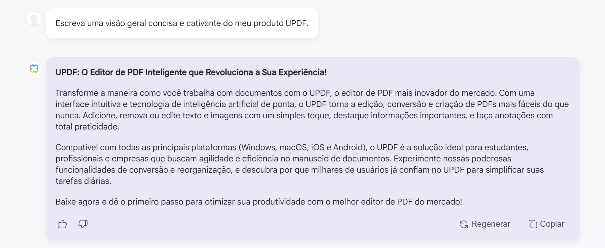 como usar IA em vendas peça ao assistente de IA para escrever a visão geral do produto com UPDF.