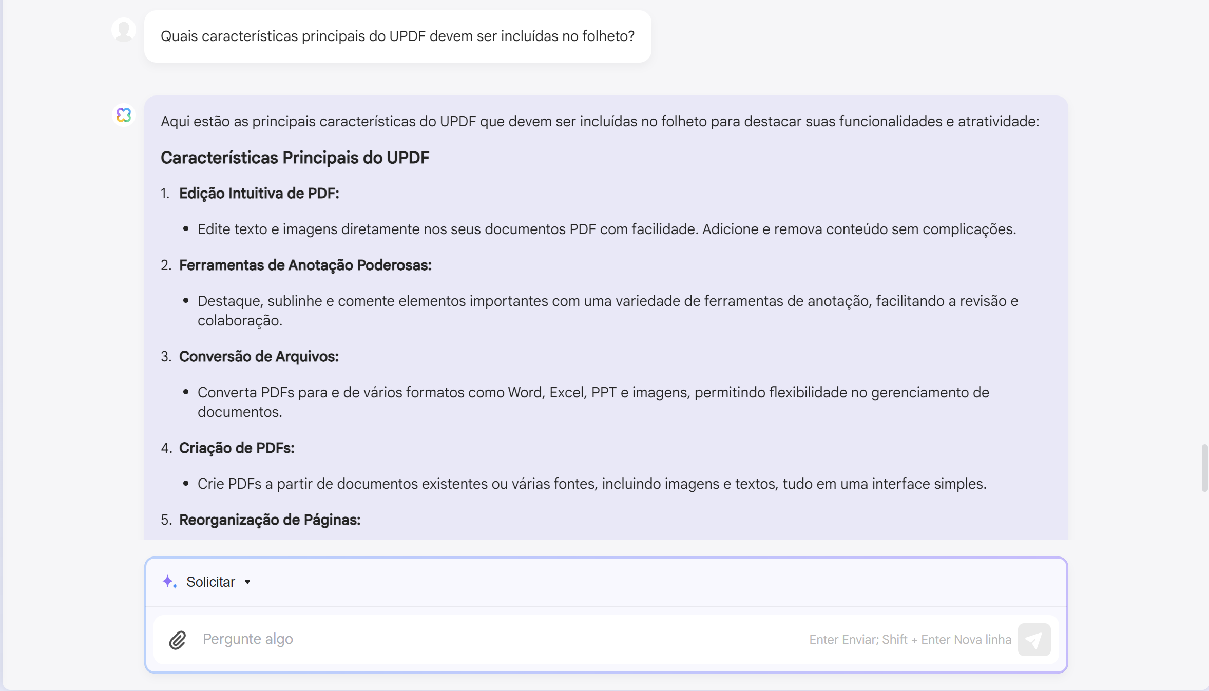 como usar IA em vendas peça ao assistente de IA da UPDF para escrever os principais recursos.