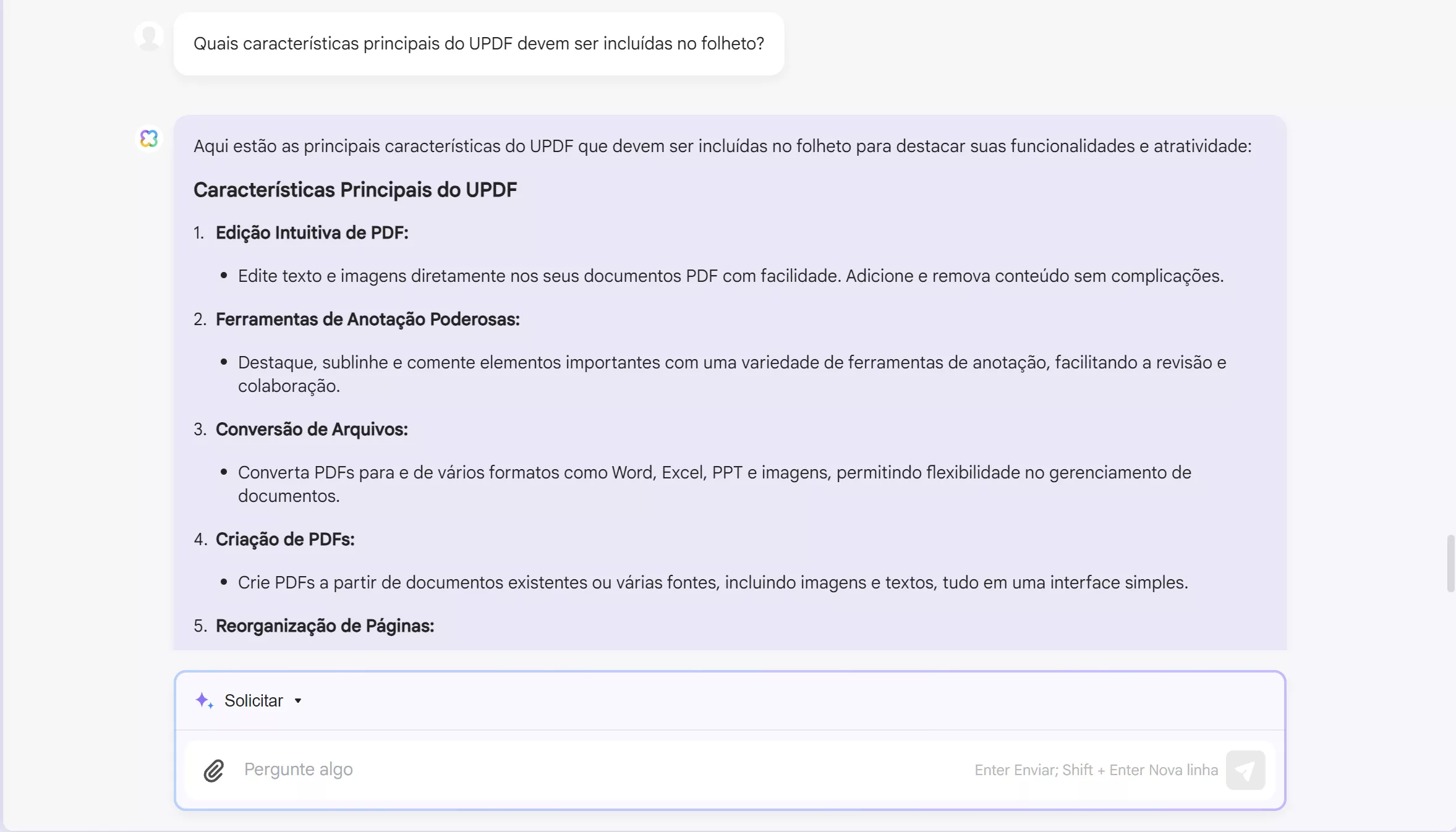 como usar IA em vendas peça ao assistente de IA da UPDF para escrever os principais recursos.