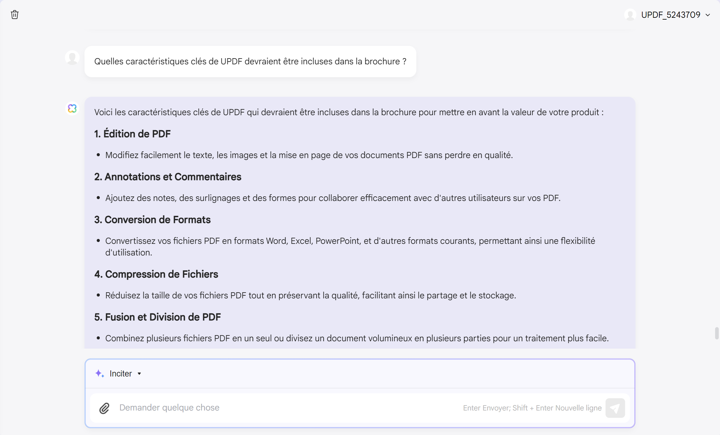 comment utiliser l'IA dans les ventes demandez à l'assistant IA d'UPDF d'écrire les fonctionnalités clés.