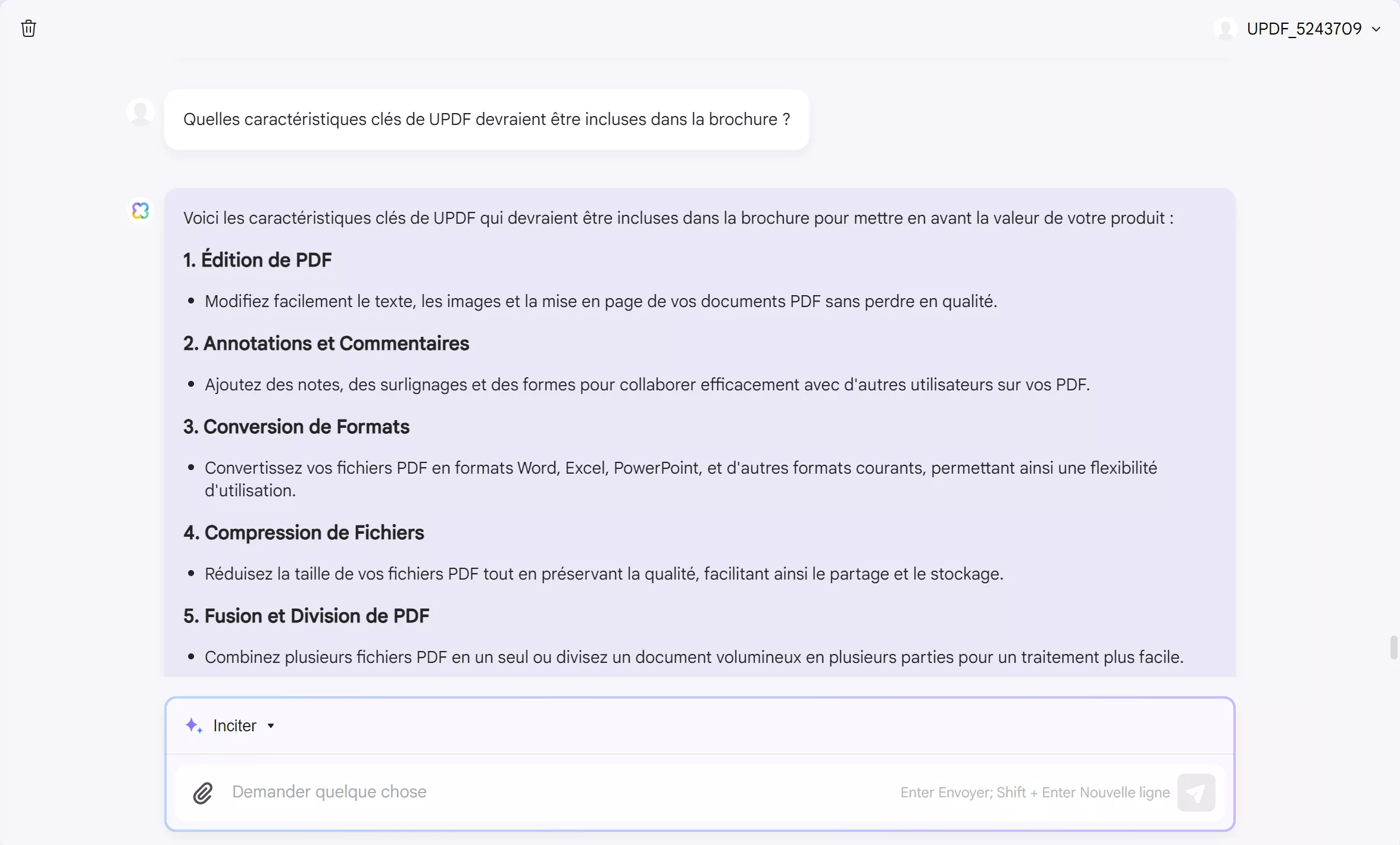 comment utiliser l'IA dans les ventes demandez à l'assistant IA d'UPDF d'écrire les fonctionnalités clés.