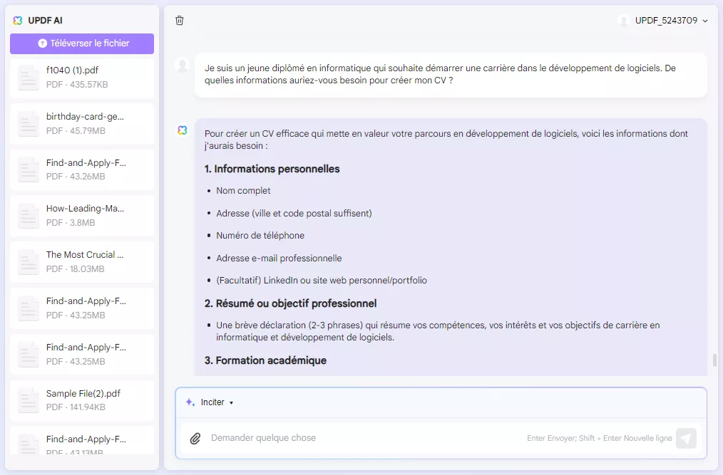 demandez les informations requises pour rédiger un CV avec l'assistant IA en ligne d'UPDF