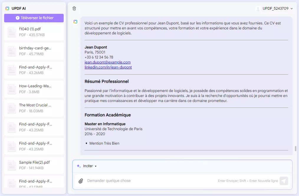 fournissez les détails pour générer le CV avec l'assistant IA en ligne d'UPDF