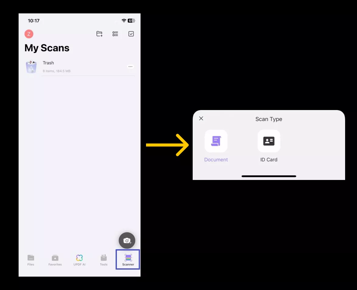 Choose "Scanner" and select "Document mode" from the drop-down icon.