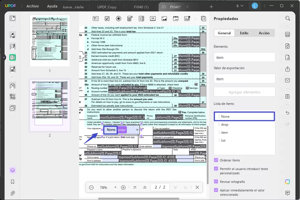 cómo editar una lista desplegable en un PDF