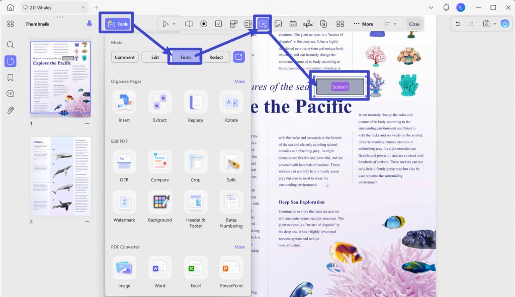 add the button to pdf with updf