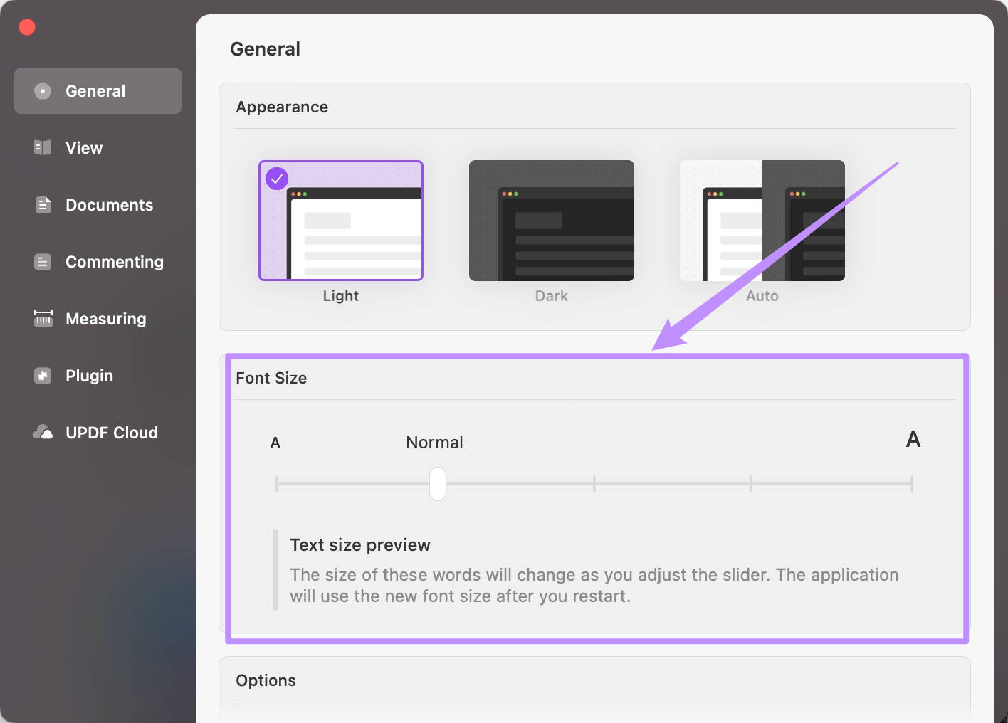 adjust font size in updf mac 