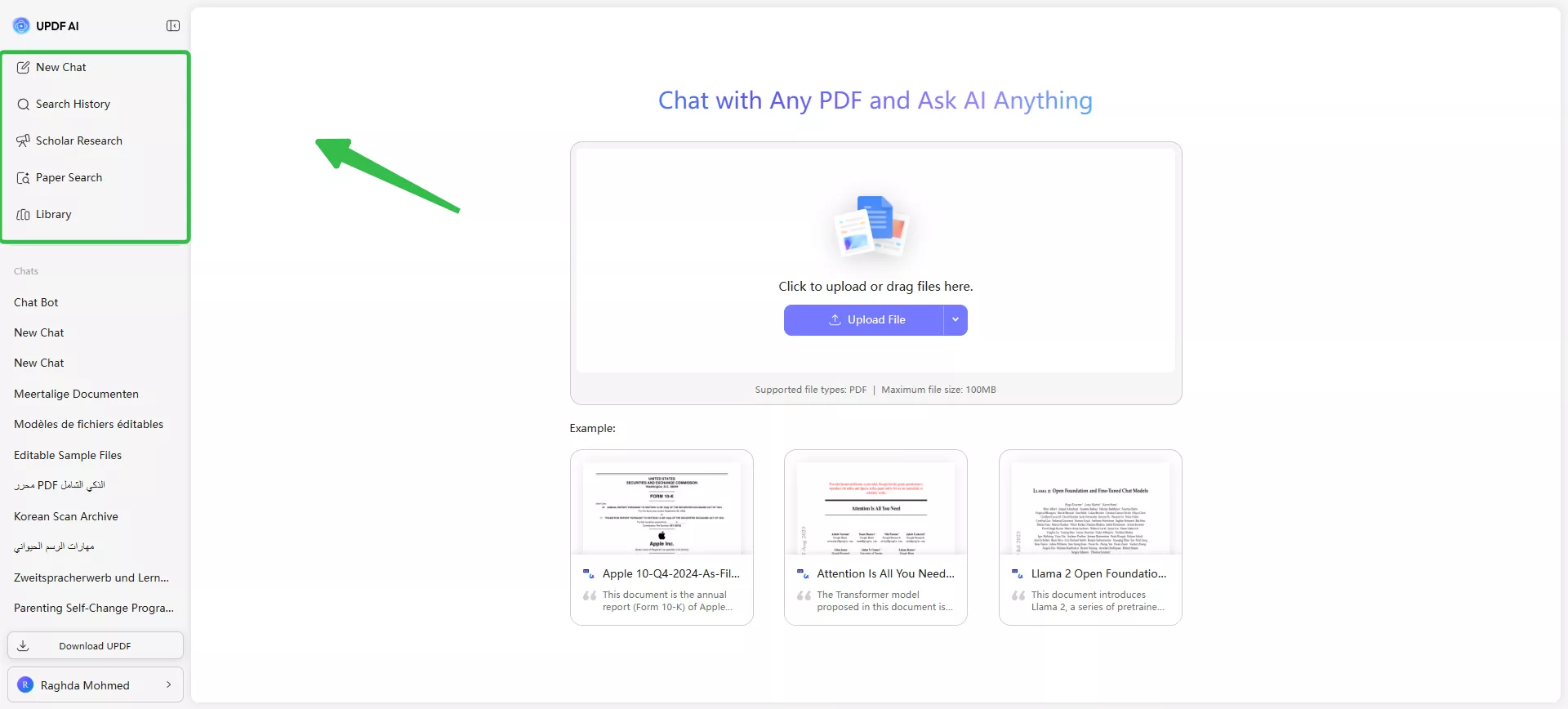 الوصول إلى UPDF AI عبر الإنترنت وتحميل ملف PDF