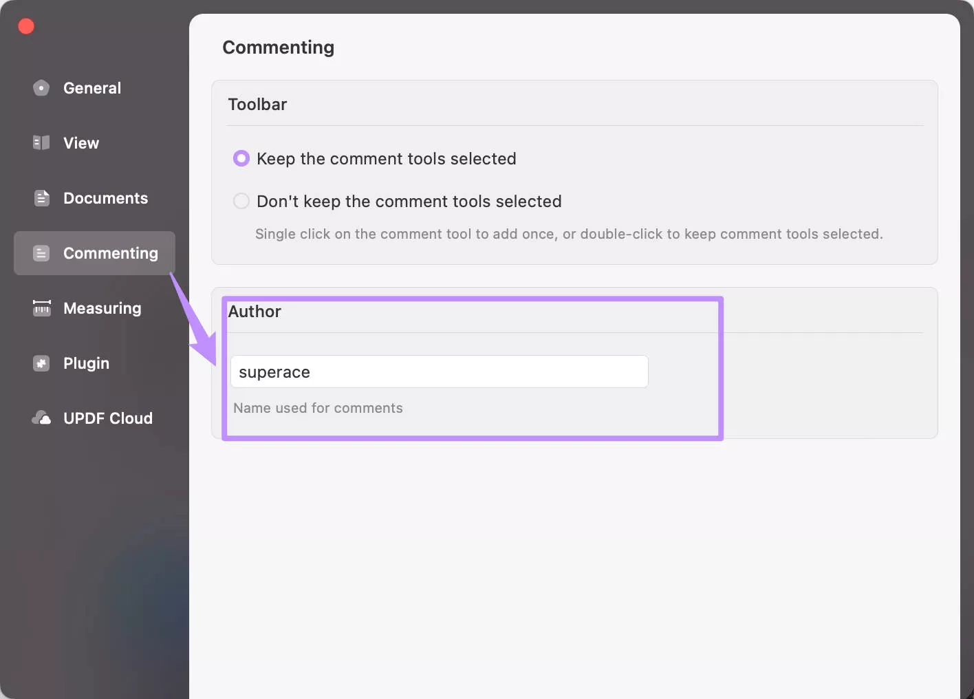 Author for commenting in updf mac