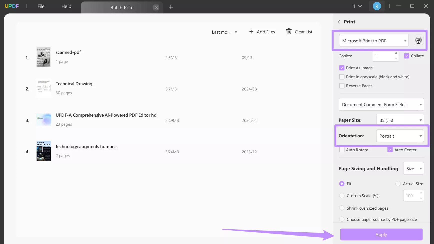 use batch print to convert PDF from landscape to portrait with updf