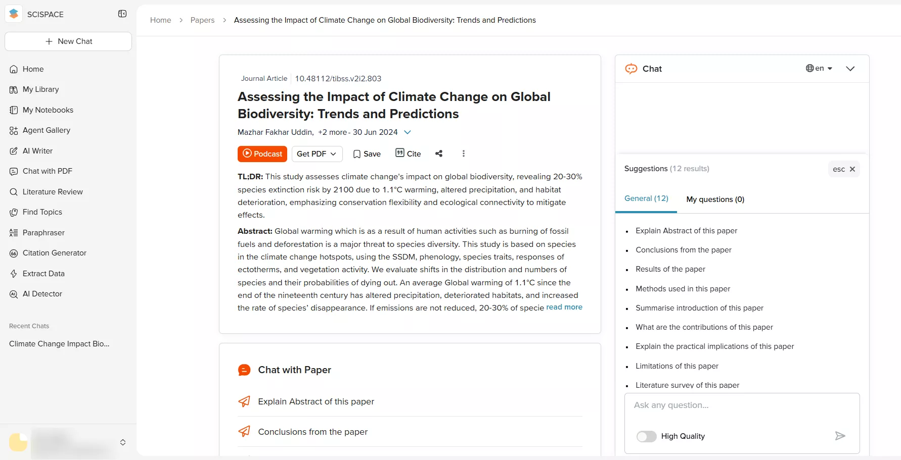 Há uma lista de perguntas sugeridas e uma caixa de texto onde você pode digitar as suas próprias.