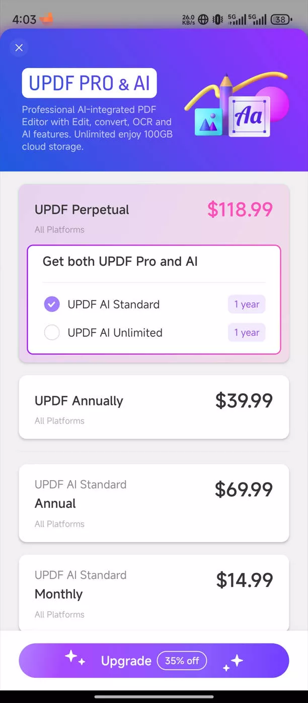 Complete the purchase in UPDF on Android