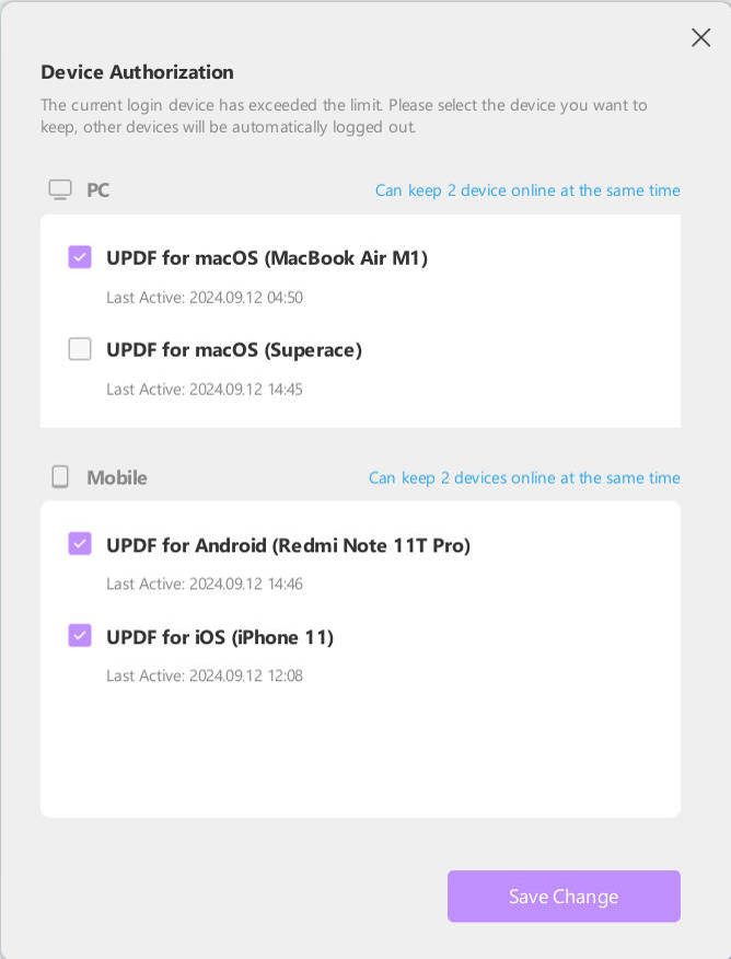 Autorização de dispositivo em UPDF