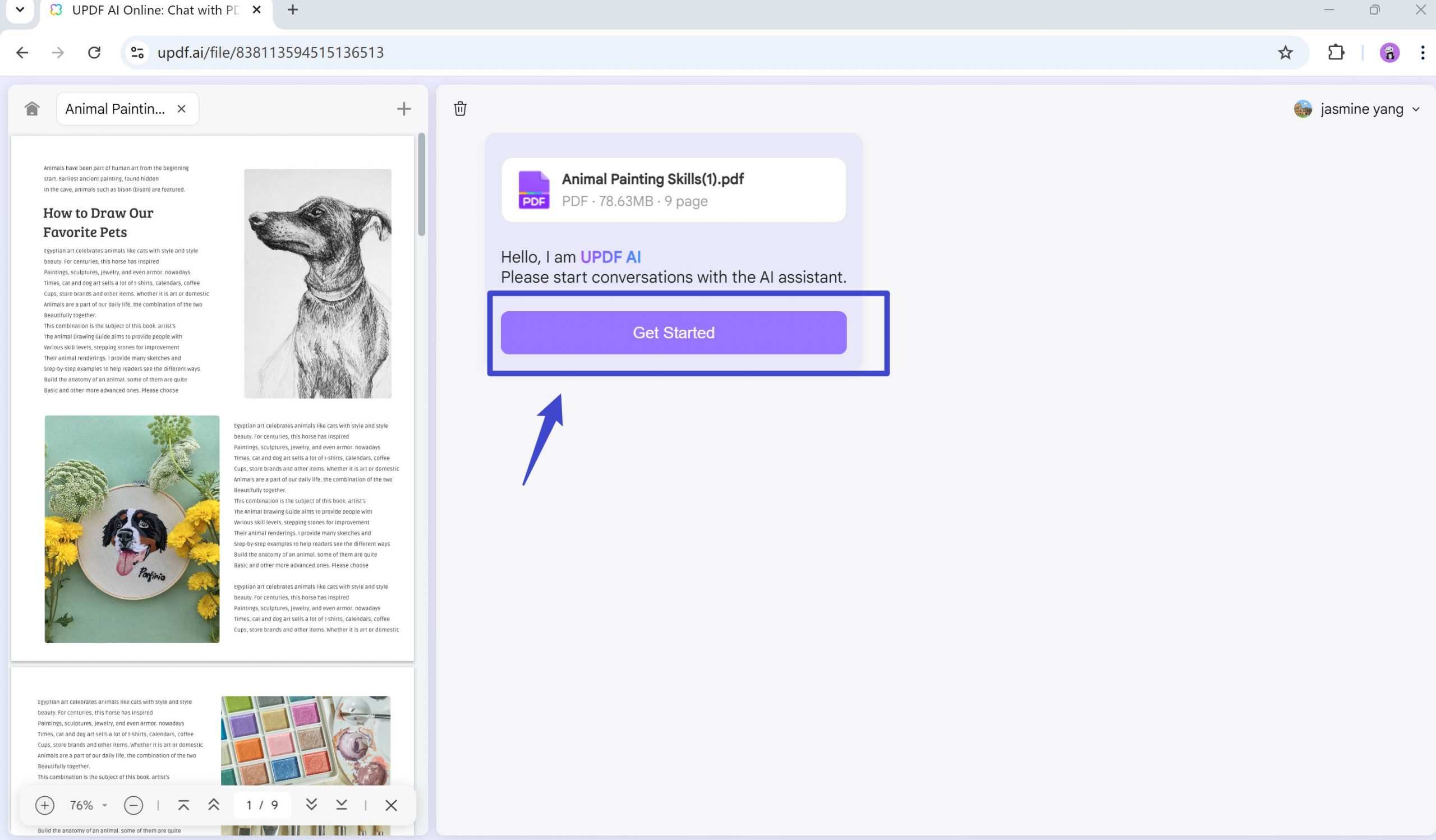 click the get started button of updf ai online assistant