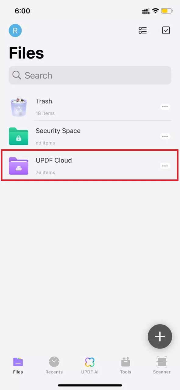 click the updf cloud button in updf for ios