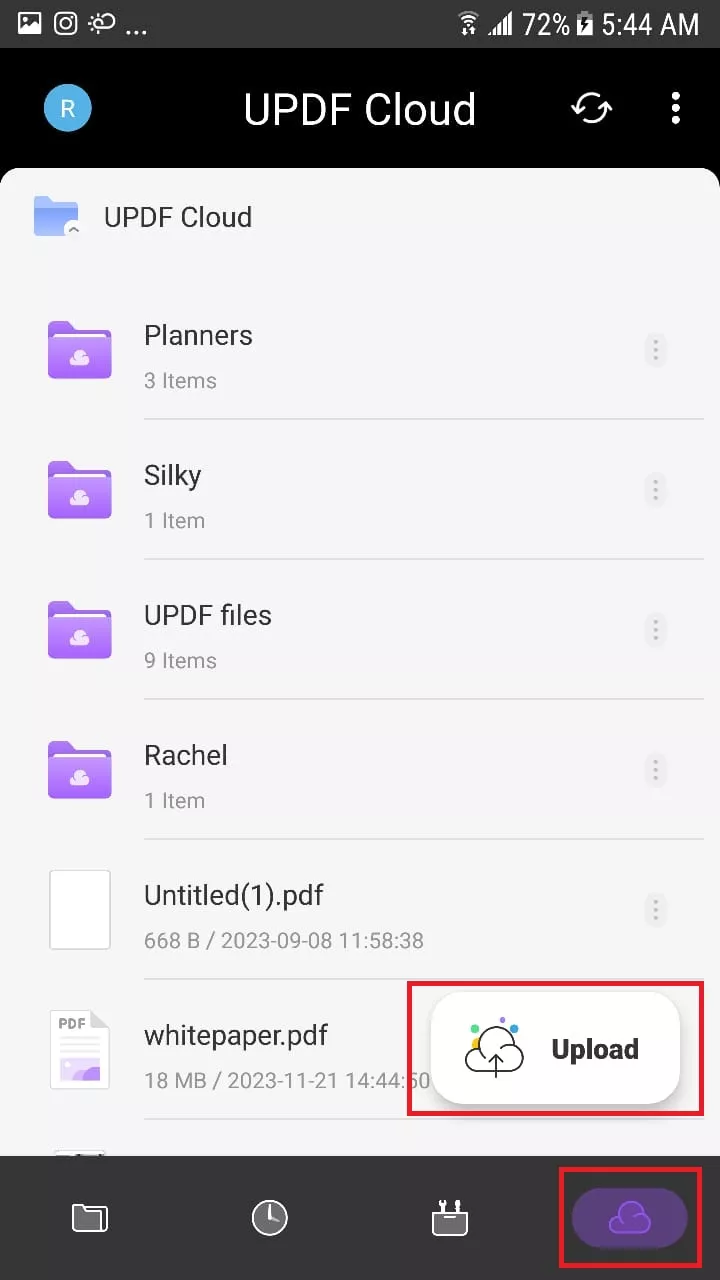 click the upload button in android device with updf