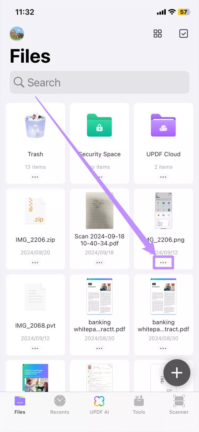 Click on the three dots of one file on UPDF on iOS