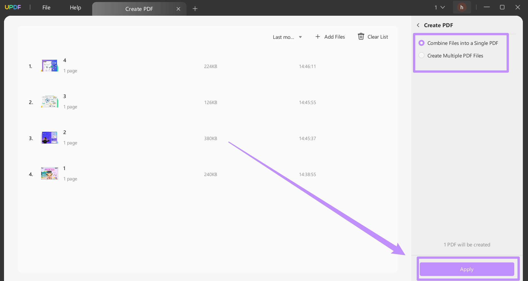 combine all png files into on pdf with updf
