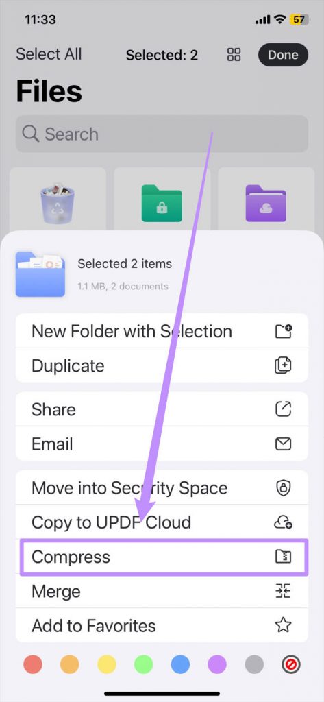 Compress multiple files into one zip file with updf for ios