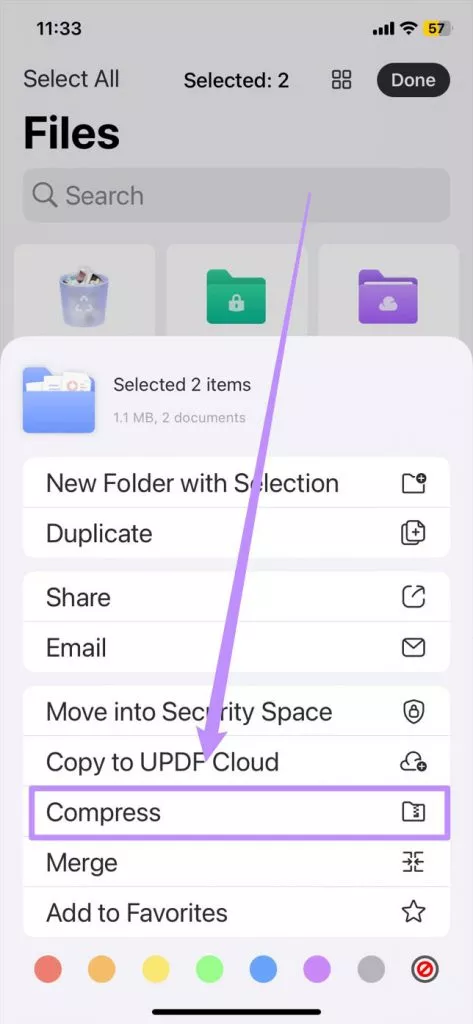 Compress multiple files into one zip file with updf for ios