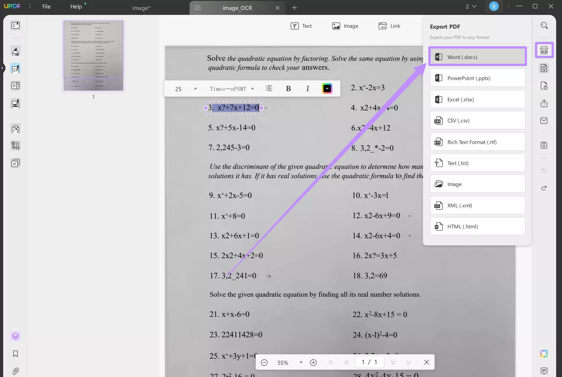 export scanned PDF with equation to Word