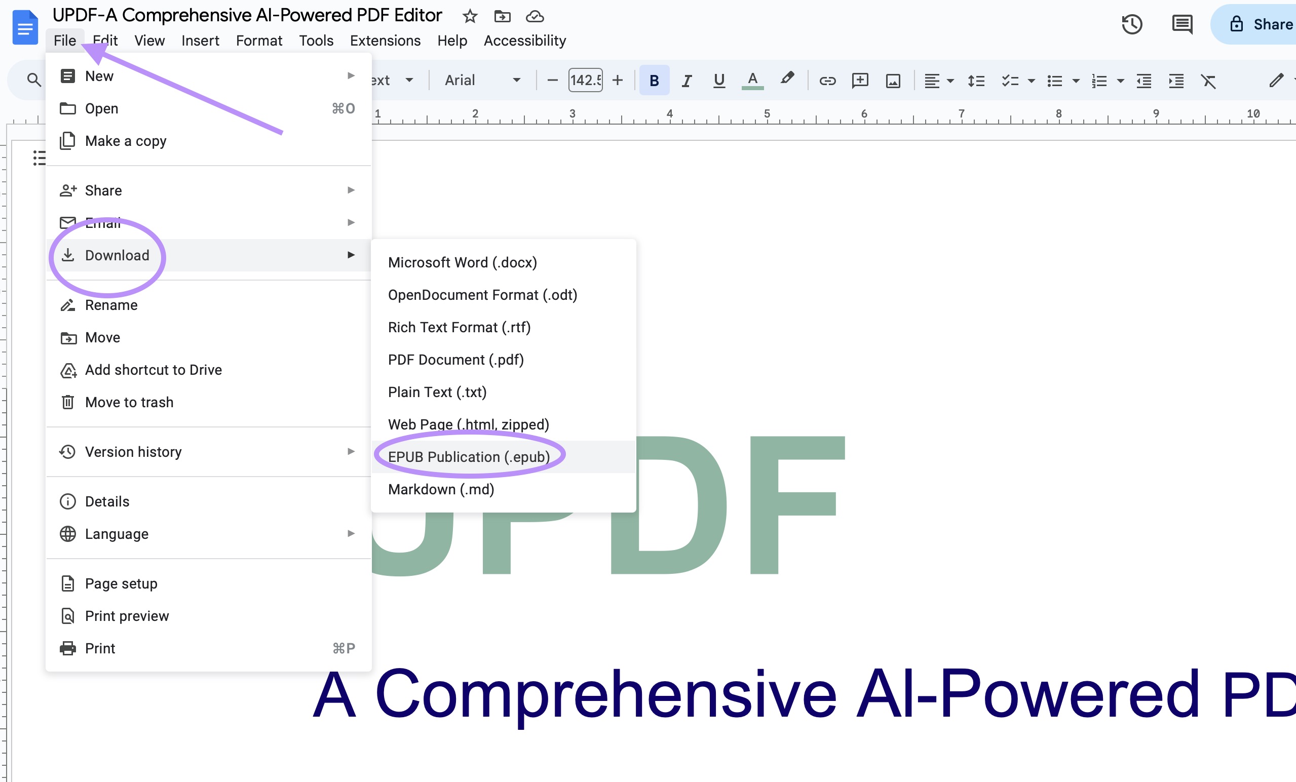 convert google docs to epub