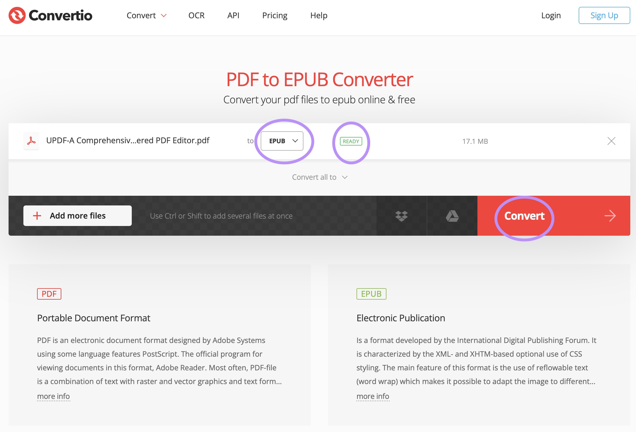 convert pdf to epub with convertio
