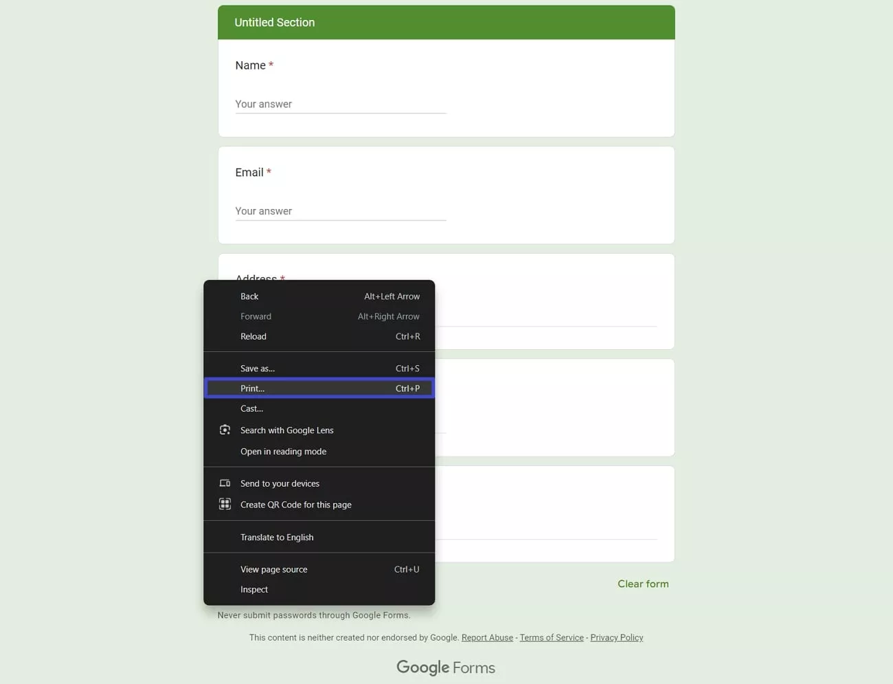 access print option google forms