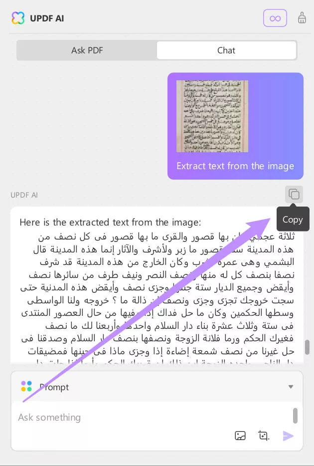 Copy the extracted Arabic text in the PDF with UPDF AI on Windows