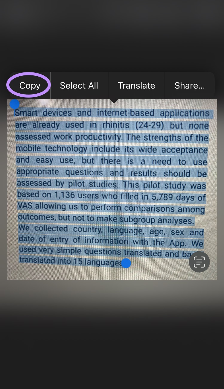 copy the text in scans with updf for ios