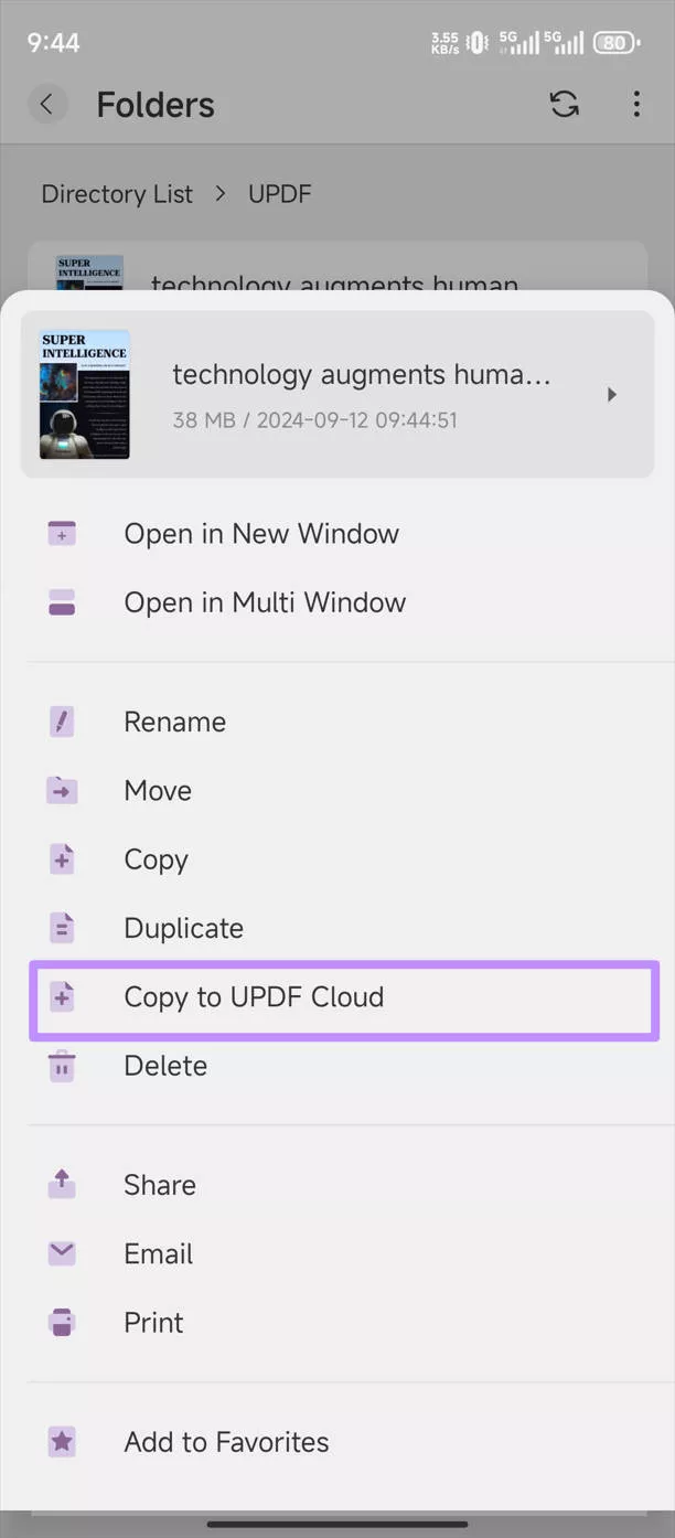 Copy PDF to UPDF Cloud with UPDF on Android