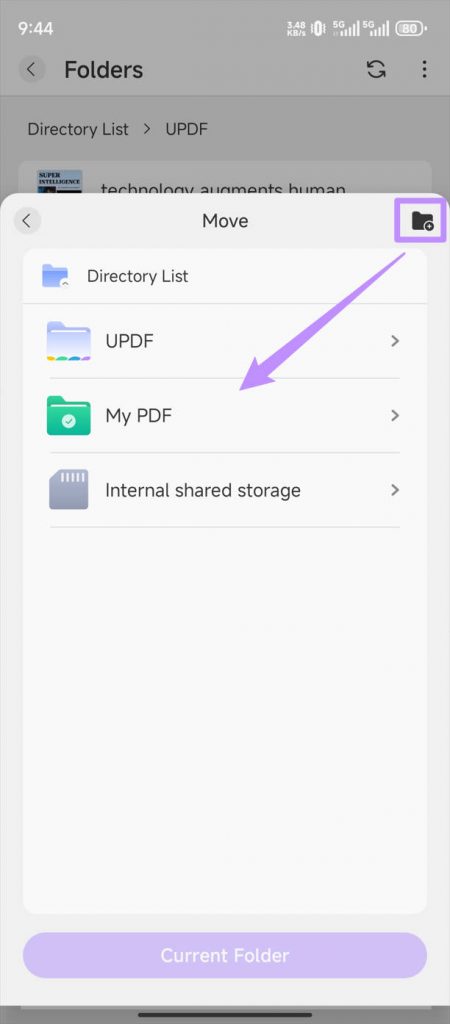 Maak een nieuwe map om de PDF met updf op Android te verplaatsen