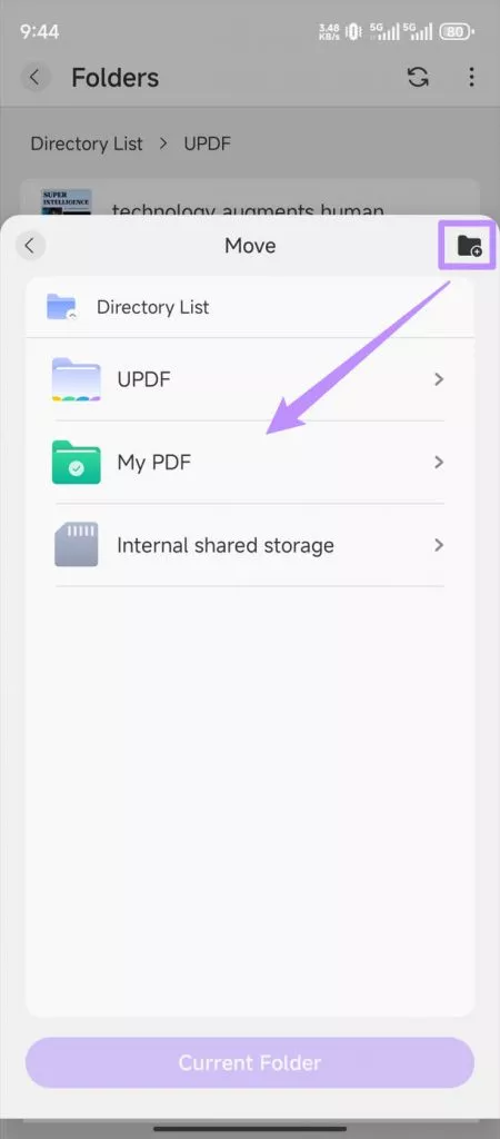 Maak een nieuwe map om de PDF met updf op Android te verplaatsen