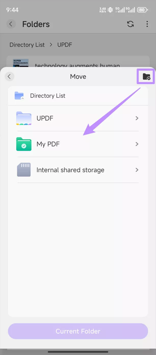 Create a new folder to move the PDF with updf on android