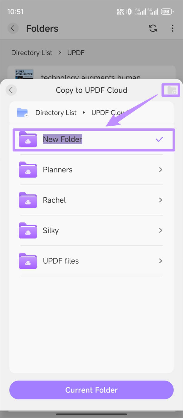 สร้างโฟลเดอร์ใหม่ใน updf cloud บน Android