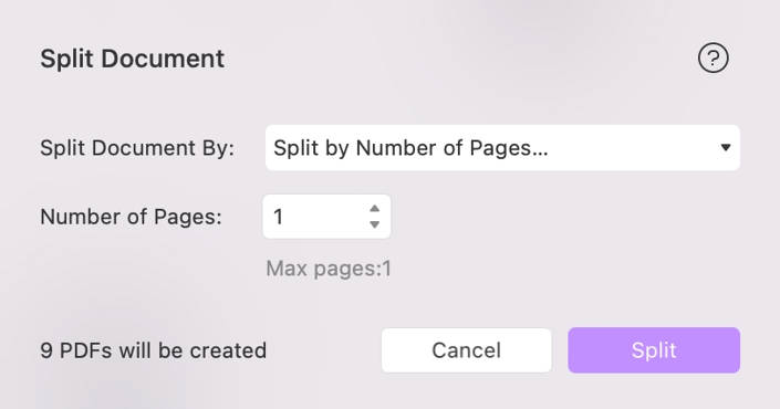 Customize to split by number of pages in updf on mac