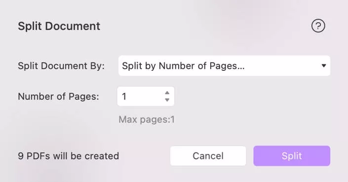 Customize to split by number of pages in updf on mac