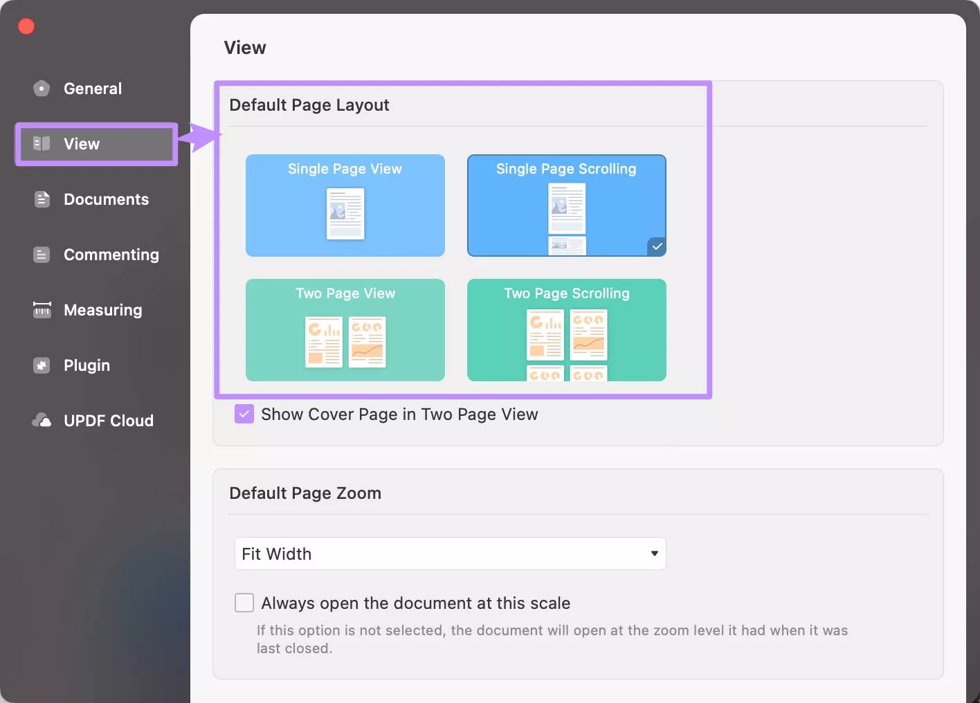 default page lagout in updf mac