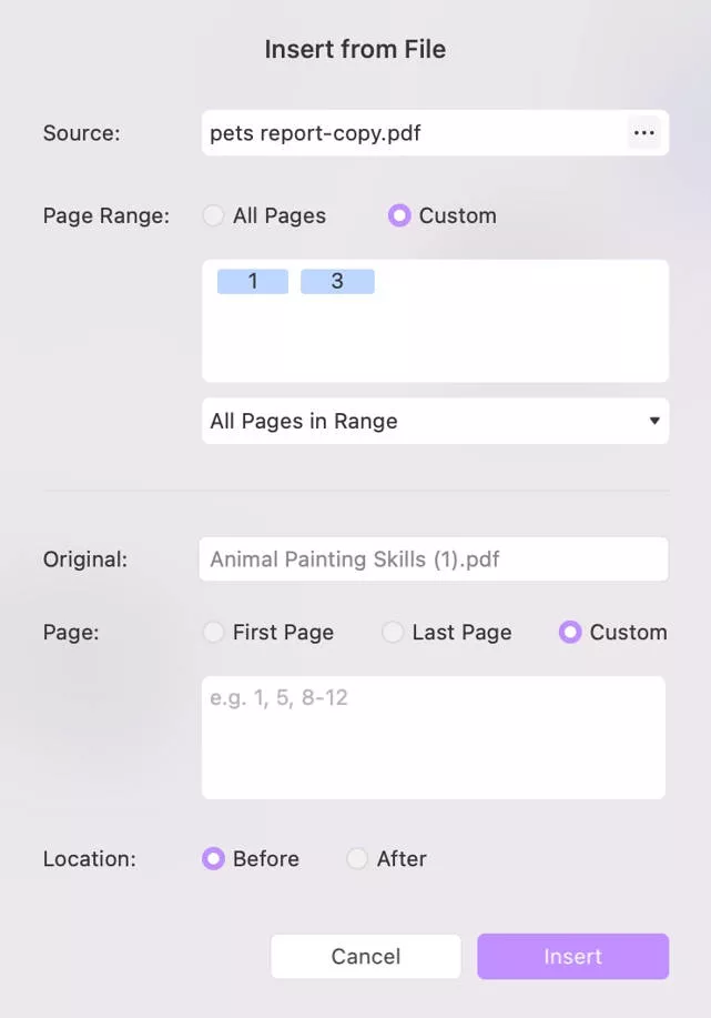 Details to insert the pages from one file to the other with updf mac