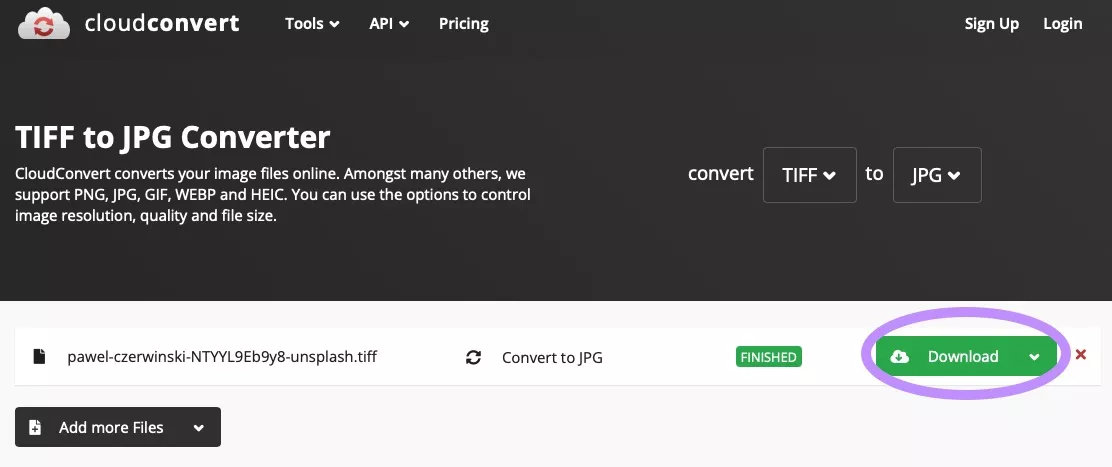 Convertire TIFF in JPG tramite CloudConvert
