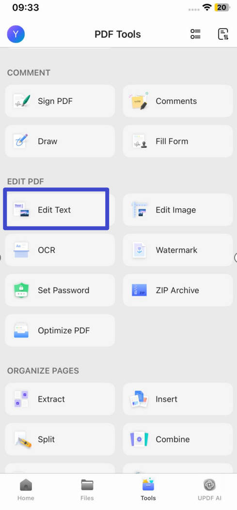 tap on the edit text in tools on iPhone with updf