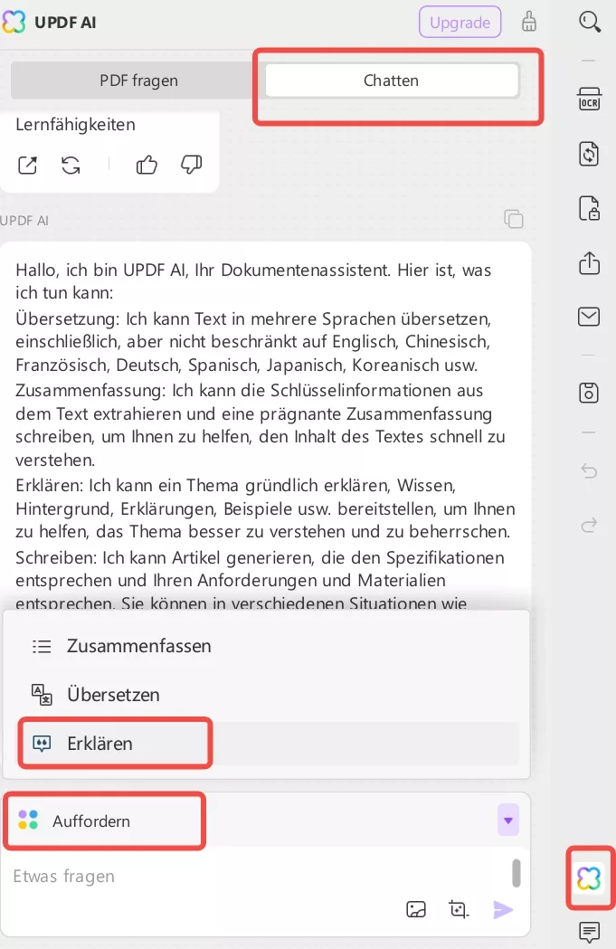 Gehen Sie zum Chat und wählen Sie in den Optionen mit UPDF AI Windows „Erklären“ aus.