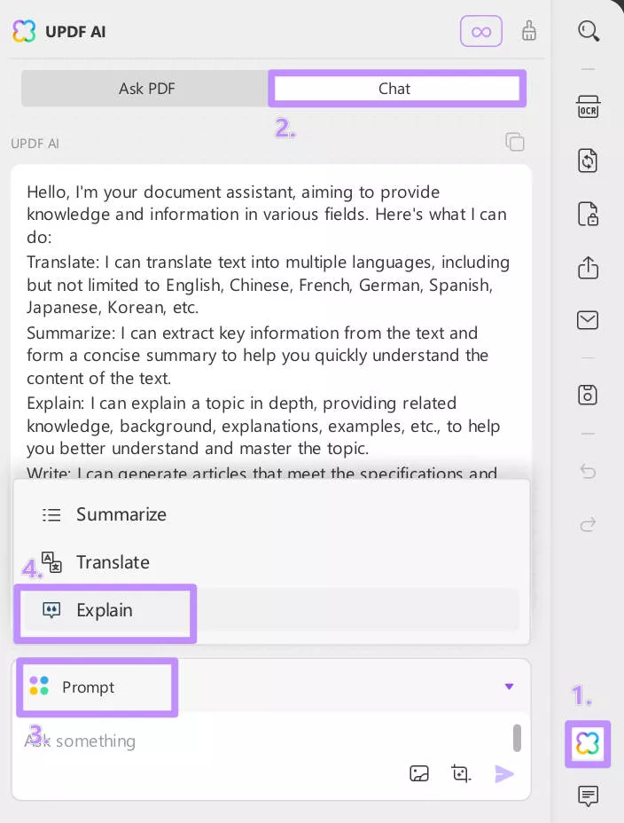 go to chat and select explain from the options with updf ai windows