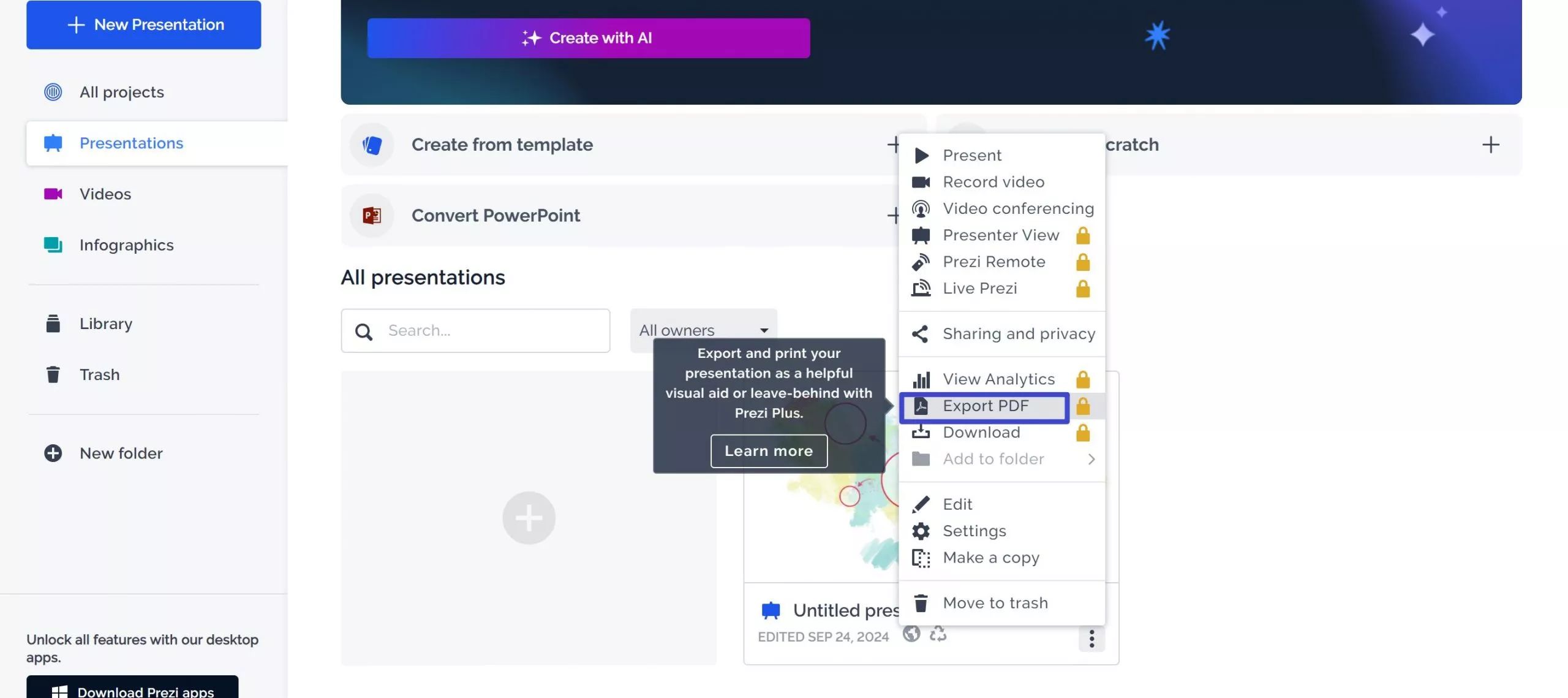 export pdf of prezi