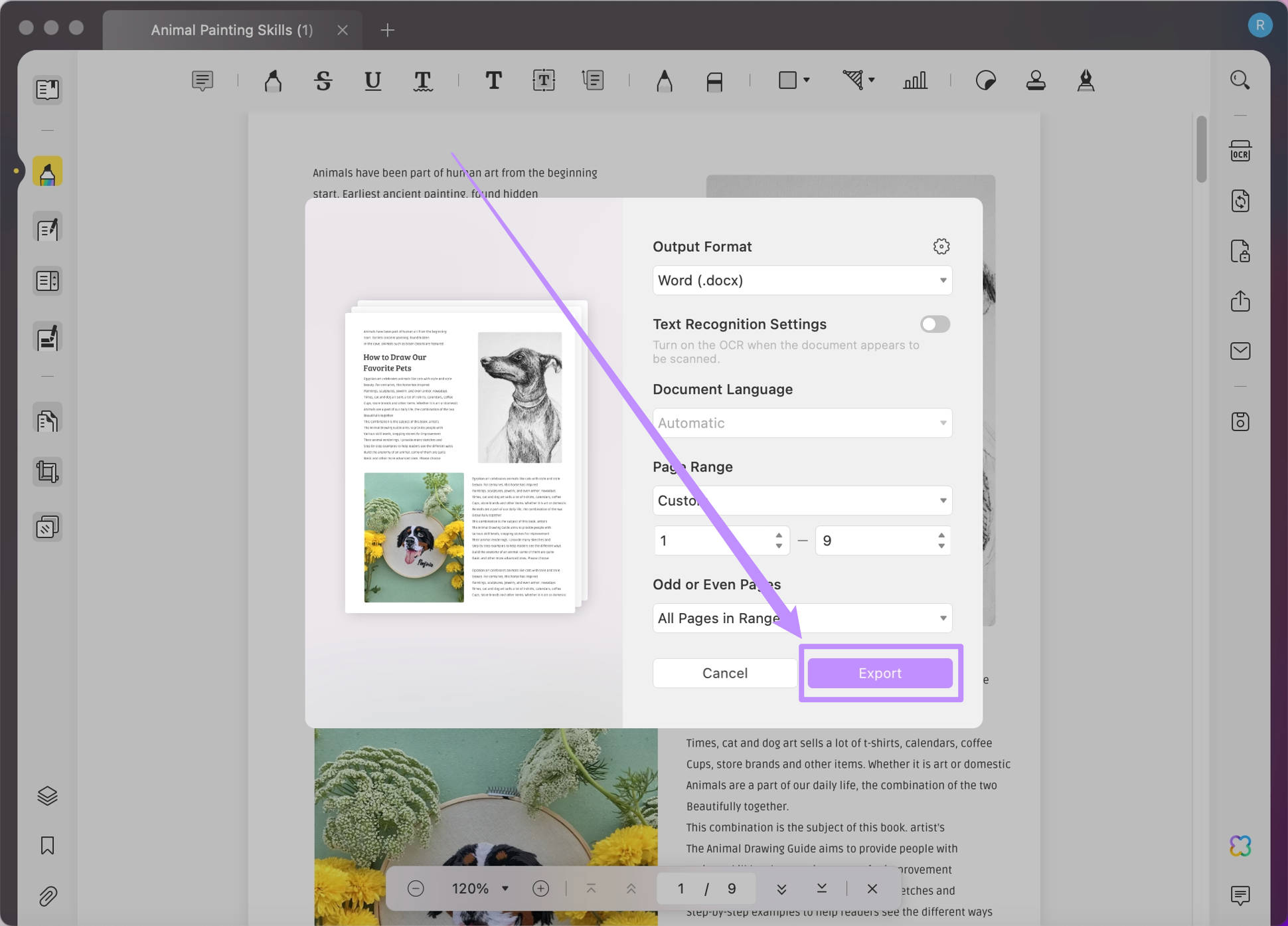Customize to export PDF to word with updf mac