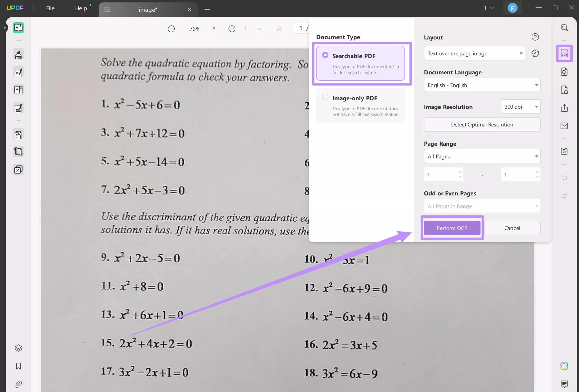 adjust settings and click Perform OCR in updf for equation in scanned PDF