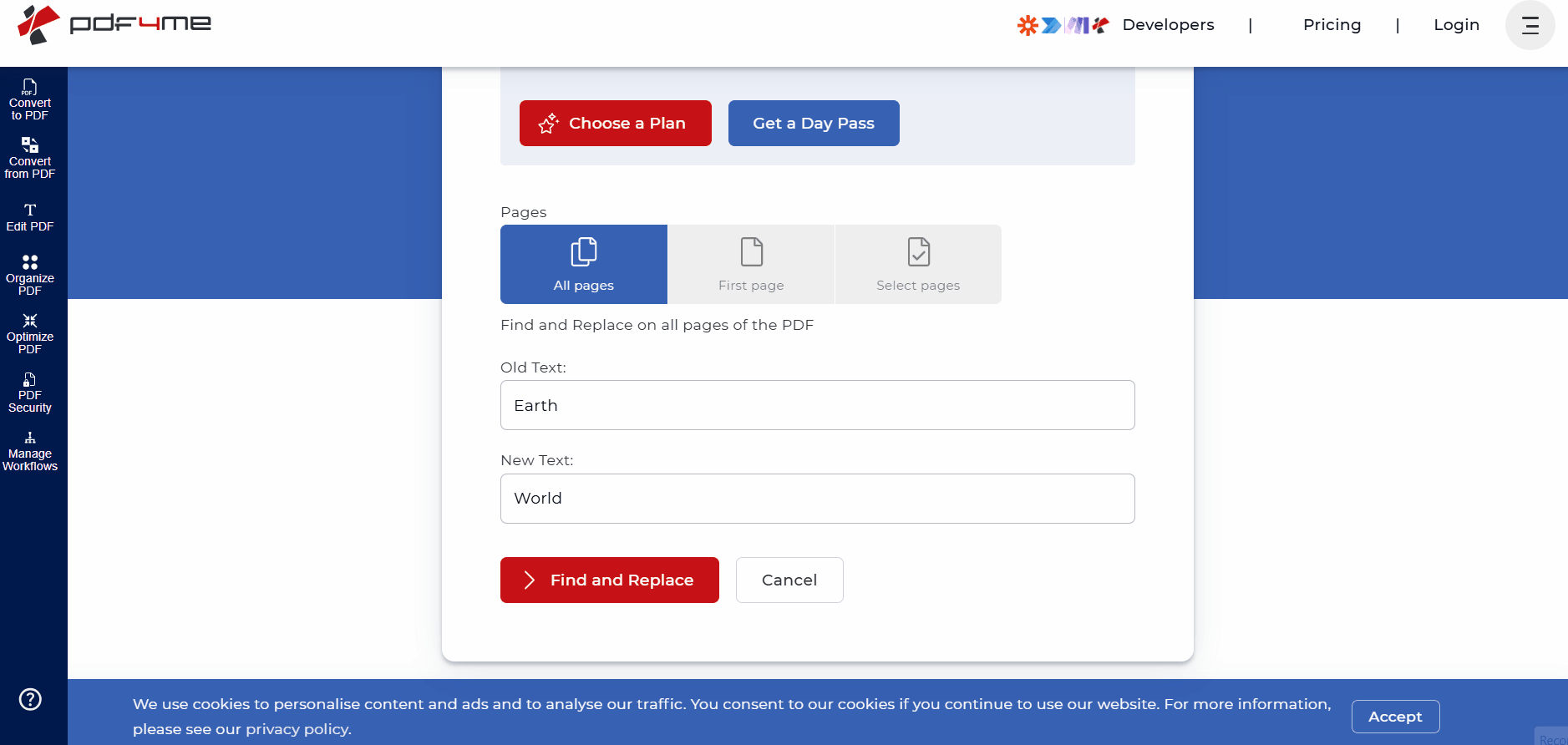 using online find replace pdf4me