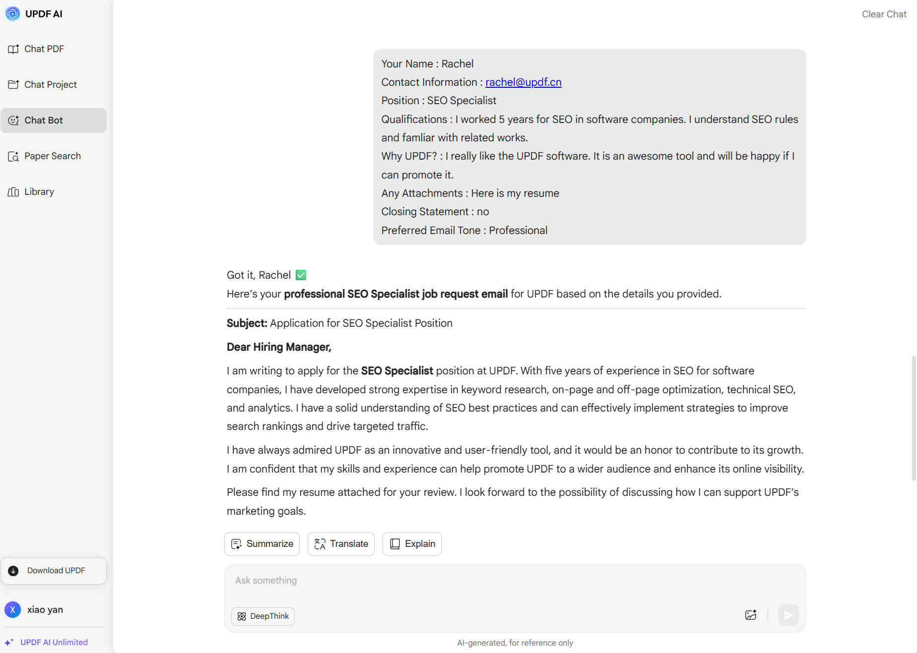 enter all required info and prompt updf ai to write an email