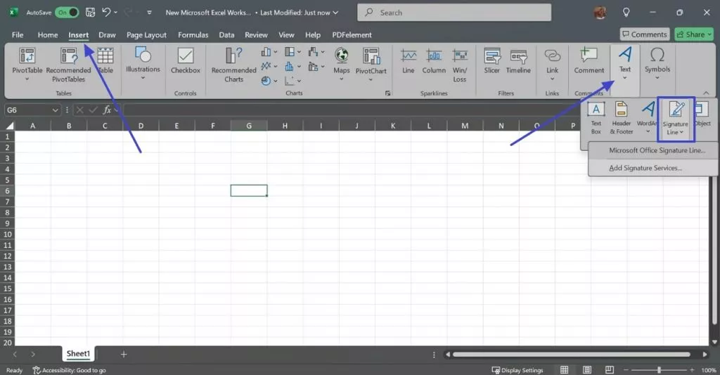 open signature line feature excel