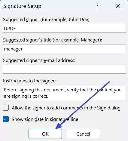 add details of digital signature excel